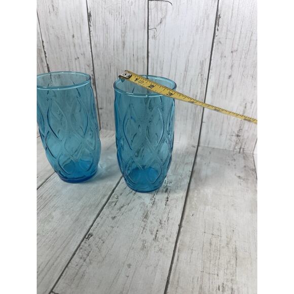 2 Anchor Hocking Madrid 10oz Aqua Blue 5" Diamond Quilted Glass Set MCM - Picture 3 of 3
